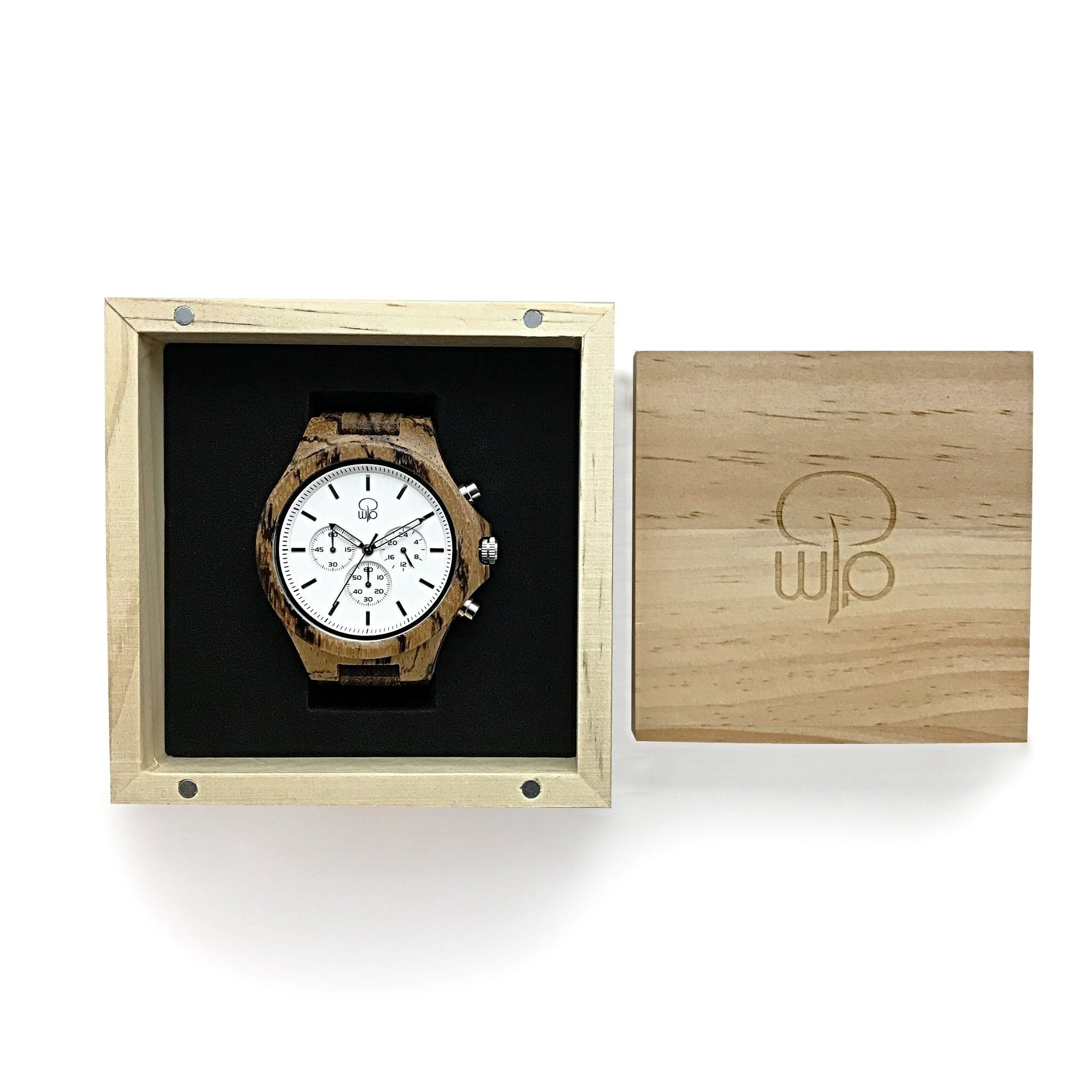 Wood Watch Box Gift - The Pacific Crest Chronograph Wooden Watch White Dial Packaging