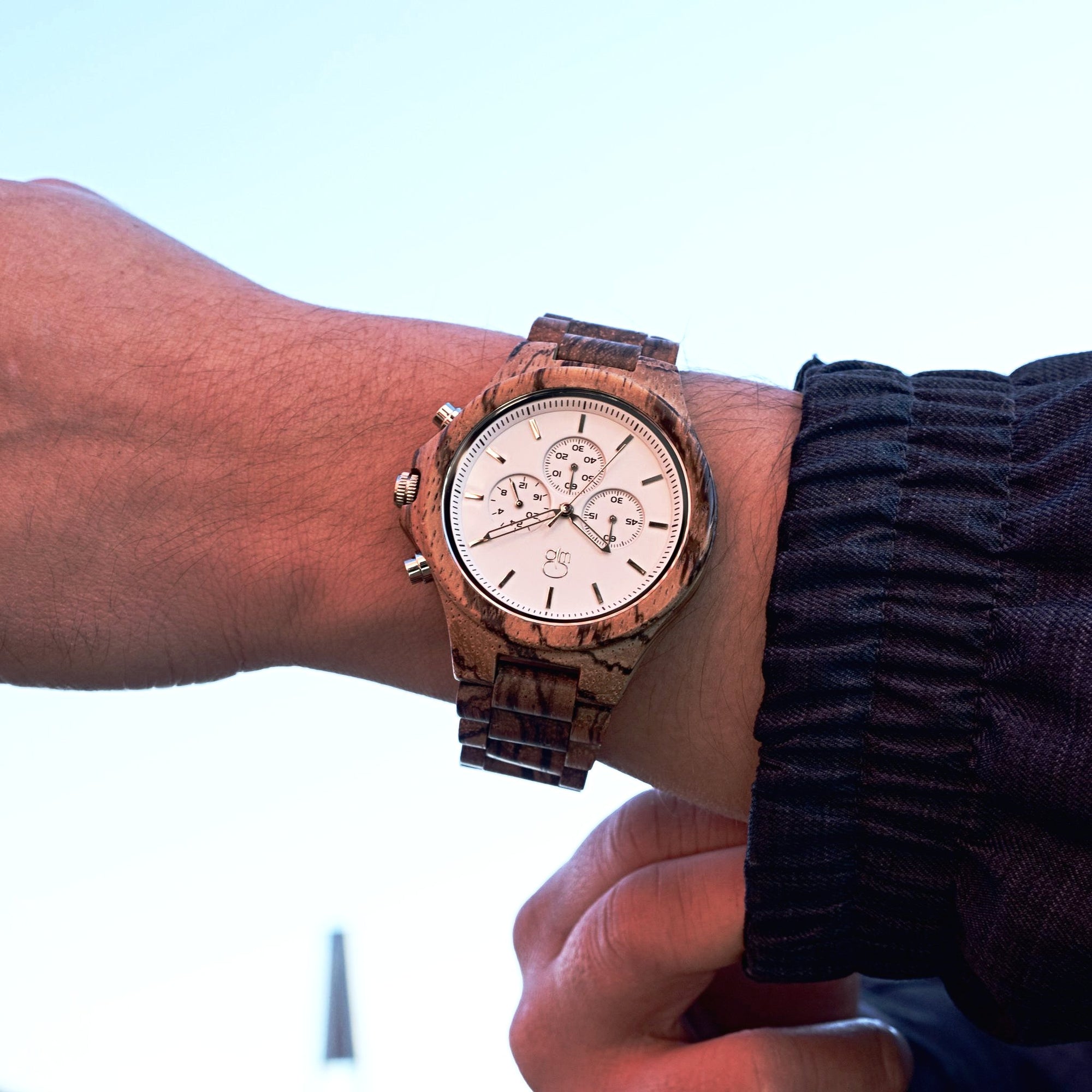 Wood Chronograph Zebrawood Watch White Dial - The Pacific Crest Wooden Chronograph Wrist Shot