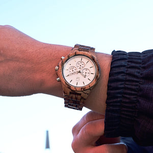 Wood Chronograph Zebrawood Watch White Dial - The Pacific Crest Wooden Chronograph Wrist Shot